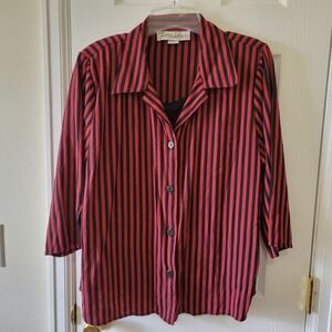 Gloria Lance Woman Blouse Size 2X Red Black Stripe‎ Layered Button Up Faux Tank